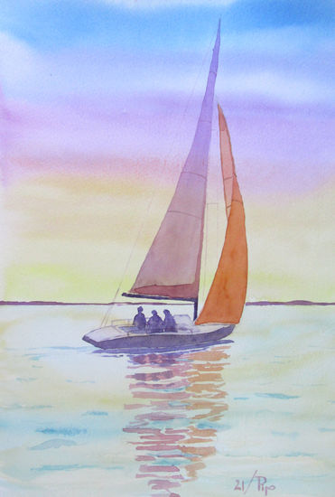 paseo al atardecer Watercolour Paper Marine Painting