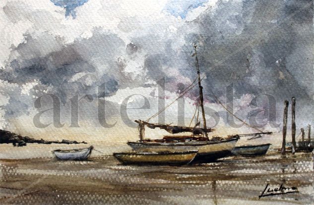 Barcas en la playa Watercolour Paper Marine Painting