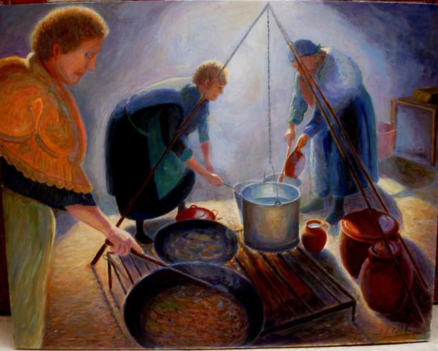 " La matanza del cerdo, cocinando la probadura" Oil Panel Figure Painting