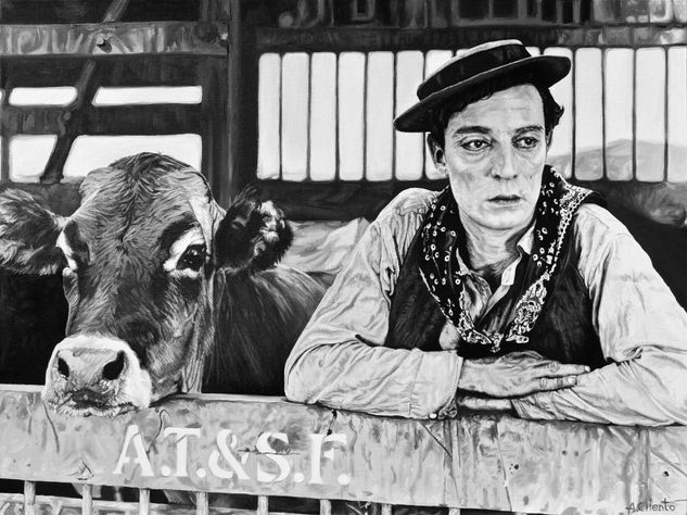 Buster Keaton Cowboy - Go West Óleo Tela Retrato