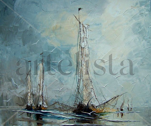 "Boats" Oil Canvas Marine Painting