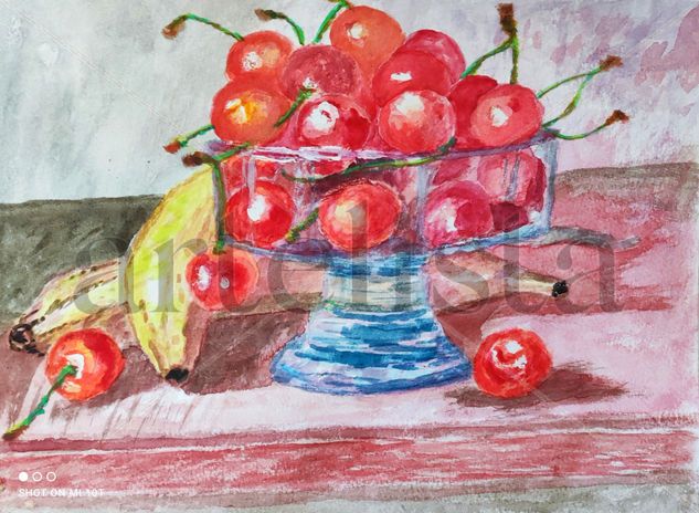 Bodegón con cerezas y platanos Watercolour Paper Still Life Paintings