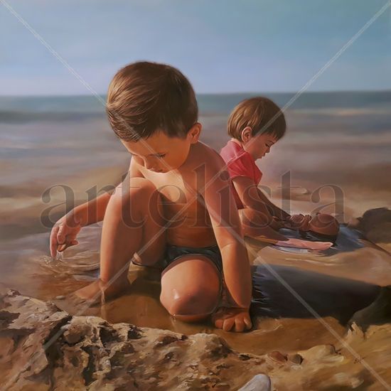 Niños en la playa Oil Panel Figure Painting