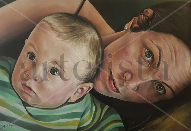 Mujer e hijo Óleo Tabla Retrato