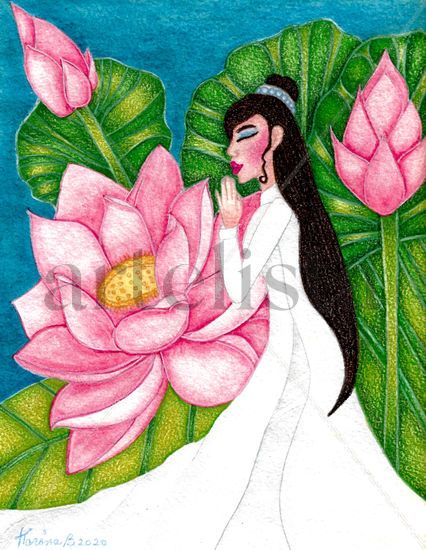 Kwan Yin, Diosa de la Misericordia Mixed media Card Figure Painting