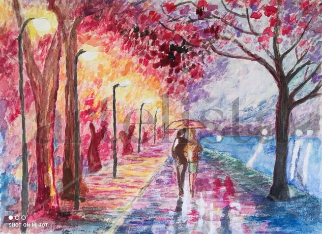 Paseo bajo la lluvia Gouache Paper Landscaping