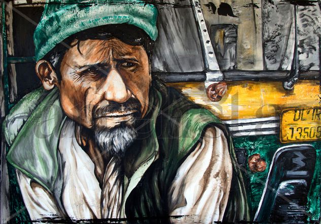 Rickshaw driver Mixed media Canvas Portrait