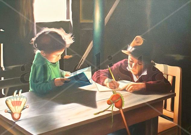 Niños Estudiando Oil Canvas Figure Painting