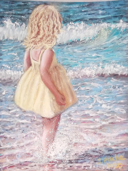 Niña en la playa Pastel Card Figure Painting