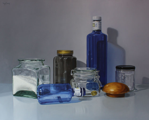 "Frascos, botella azul y aceituna" Oil Canvas Still Life Paintings