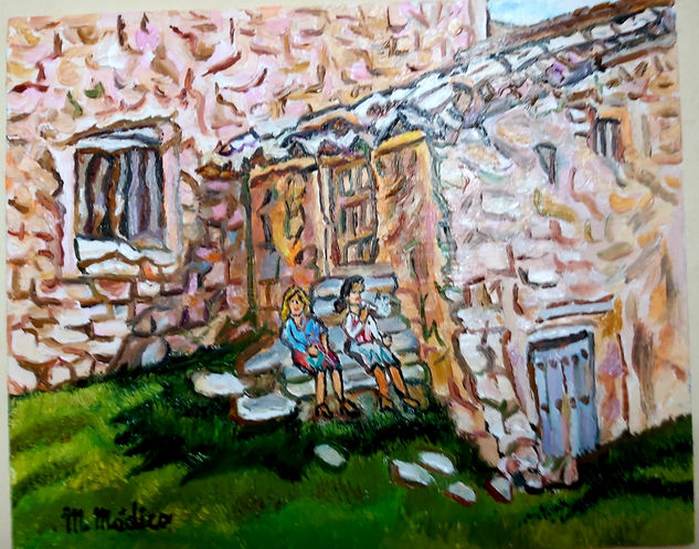 Paisaje de España rural. Chicas fumando a escondidas Oil Panel Landscaping