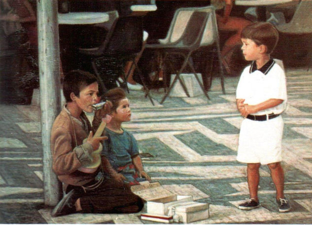 Niños en el picadeiro, Figueira da foz. Oil Canvas Figure Painting