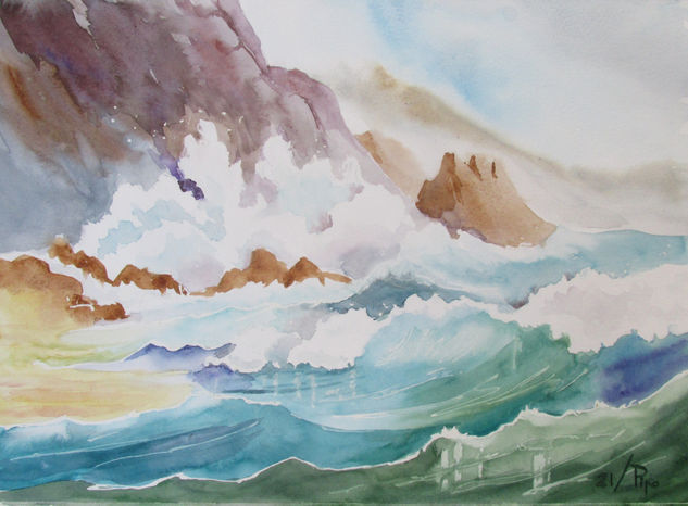 olas en las rocas Watercolour Paper Marine Painting