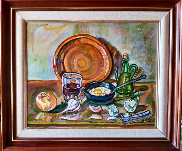 Bodegon,con huevo frito, hortalizas Oil Panel Still Life Paintings