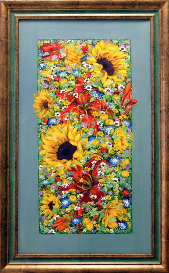 Anastasia Woron:"Girasoles Amarillos y Lirios Rojos"Óleo Original (40x70 cm)2004 Óleo Lienzo Floral