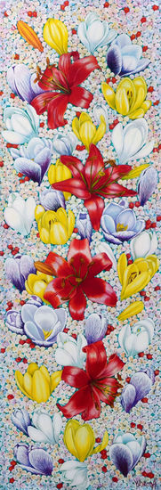 Anastasia Woron: " Flores Alegres" - Óleo Original Firmado (90x30 cm.) 2010 Oil Canvas Floral Painting