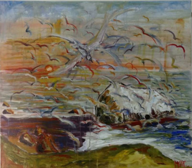 Gaviotas aladas, año 2022  ( Gerardo Barrera, Constitución, Chile) Acrylic Canvas Marine Painting