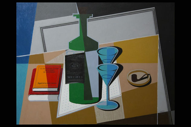 Interior neocubista con botella y libros Mixed media Canvas Still Life Paintings