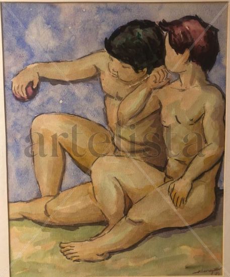 Los Dos Niños Acuarela Papel Desnudos