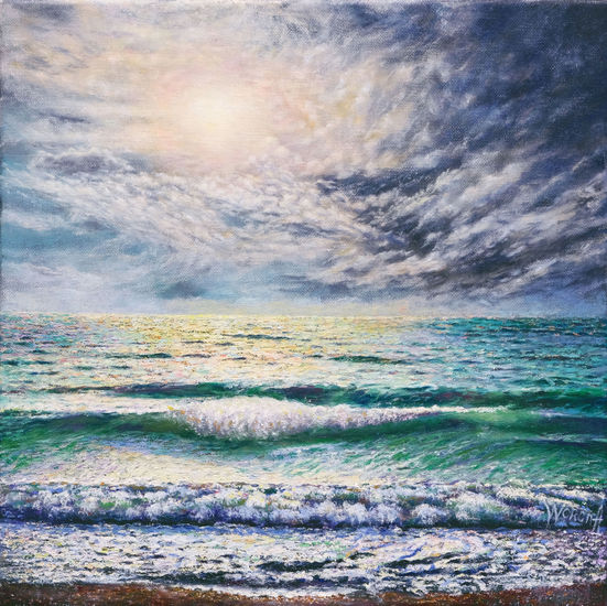 Anastasia Woron:"La Luz de Luna Sobre el Mar"-Óleo Original ( 30x30 cm.)2021 Óleo Lienzo Marina