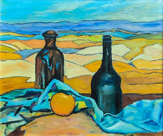 Campos con botellas Oil Panel Still Life Paintings