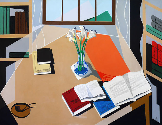 Interior neocubista con libros Acrylic Canvas Still Life Paintings