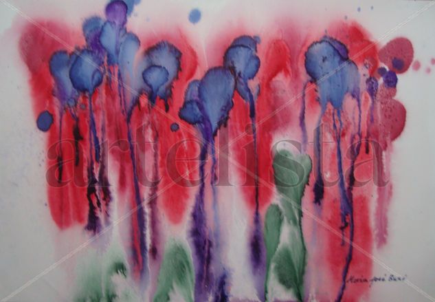 Lirios azules sobre rojo Ink Paper Floral Painting