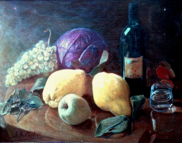 "Bodegón con Membrillos y Botella" Oil Canvas Still Life Paintings