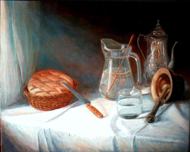 "Bodegon con Jarra, pan, y almirez"
