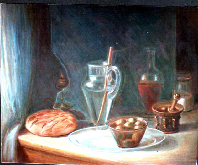 "Bodegón con jarra , pan, ciruelas y cristal"