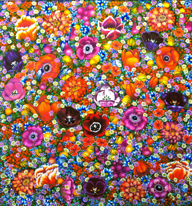 Anastasia Woron: "Flowers. Love for Red." - Original Oil Painting (100x100 cm.) 2006