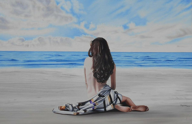 Mujer con toalla en la playa Oil Canvas Marine Painting