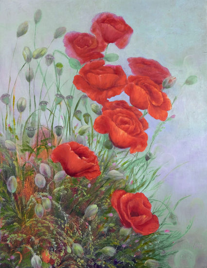 Anastasia Woron:"Campo De Amapolas"-Óleo Original Firmado (27x35 cm.) 2019 Oil Canvas Floral Painting