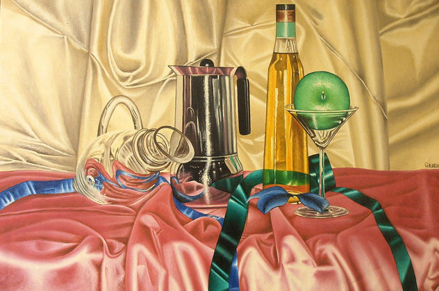Bodegon con copa y manzana verde