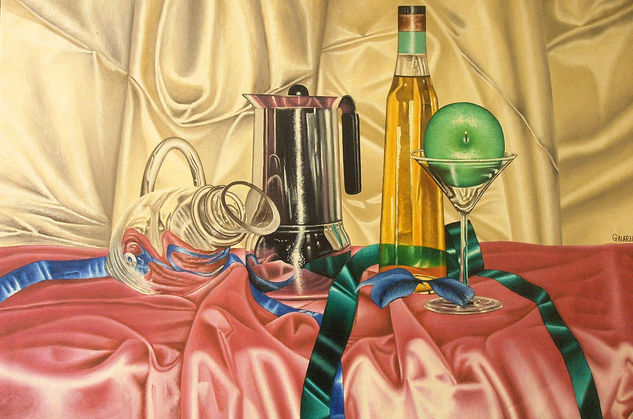 Bodegon con copa y manzana verde Oil Canvas Still Life Paintings