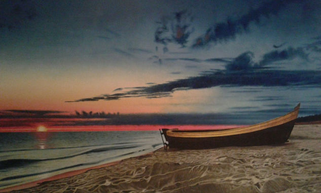 Atardecer en la playa con barca Oil Canvas Marine Painting