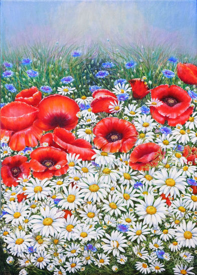 Anastasia Woron: "Poppies and Daisies" - Original Signed Oil Painting (33x45 cm) 2021 Óleo Lienzo Floral