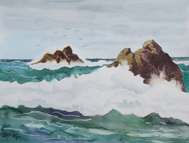 olas salpicando rocas Watercolour Paper Marine Painting