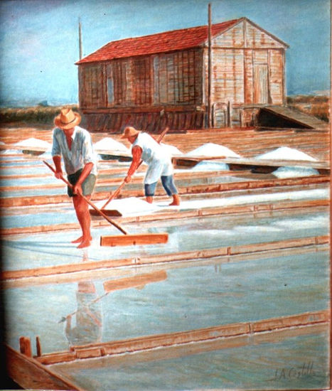 "Trabajando en las Salinas de Figueira da foz" Óleo Lienzo Paisaje