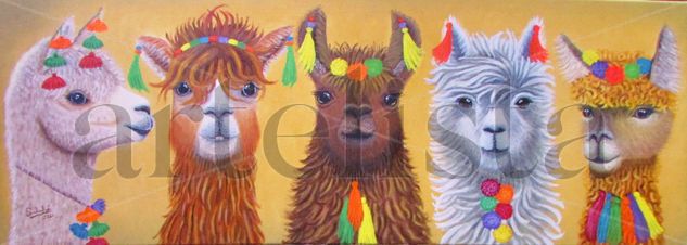 Alpacas y Llamas del Norte Chileno. Óleo Lienzo Animales