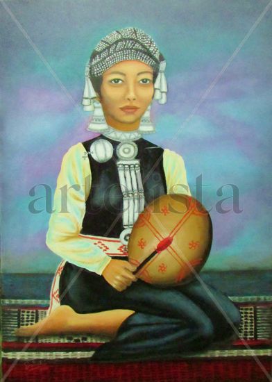 Mujer Mapuche tocando el Kultrún. Oil Canvas Figure Painting