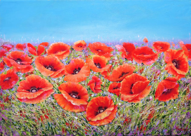 Anastasia Woron "Amapolas con flores silvestres" Original Oleo (70x50 cm.) 2021 Oil Canvas Landscaping