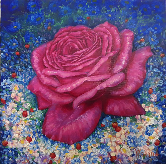 Anastasia Woron: " Rosa Rosada" - Óleo Original Firmado (30x30 cm.) 2018 Óleo Lienzo Floral