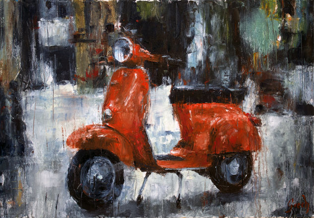 Orange red vespa Óleo Lienzo Otros