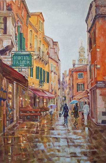 Día de lluvia en Venecia Óleo Tabla Paisaje