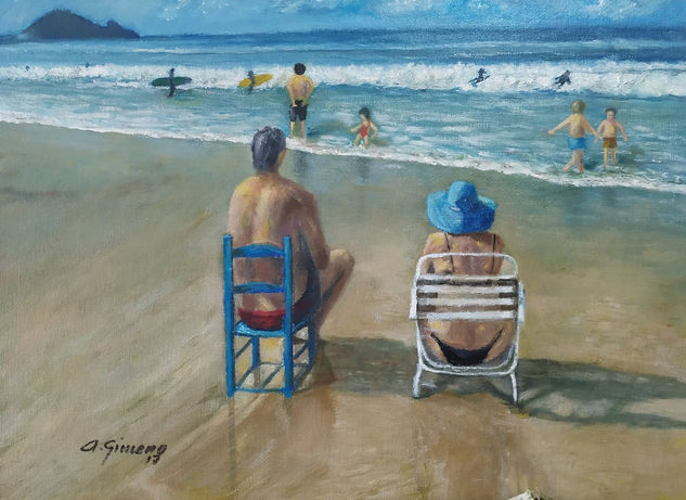 Sentados en la playa.Zarautz Oil Canvas Marine Painting