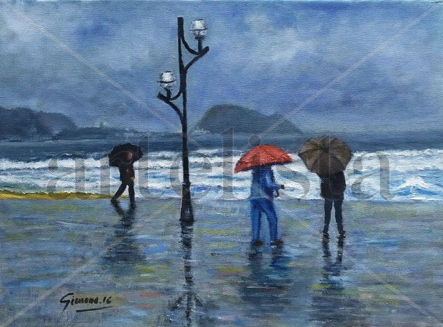 BAJO LA LLUVIA EN PLAYA ZARAUTZ Oil Canvas Marine Painting