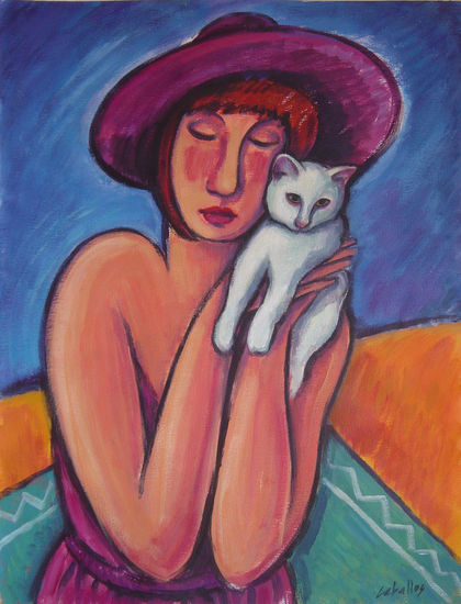 Mujer con gato blanco Acrylic Card Figure Painting