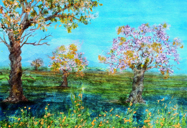 Huerta de Manzanos Acuarela Papel Floral