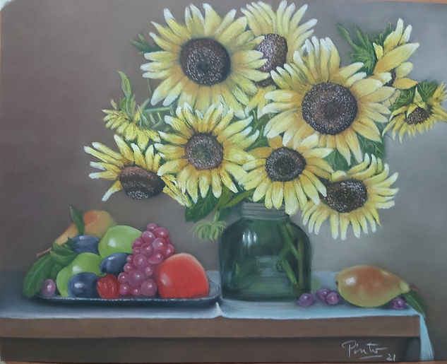 "GIRASOLES Y FRUTAS" |  Bodegón de girasoles y frutas. Regalos Originales. Pastel Papel Bodegones